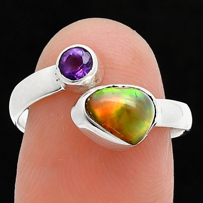 Ethiopian Opal Rough and Amethyst Ring size-7.5 SDR244568 R-1205, 6x8 mm