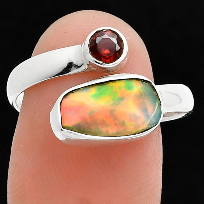 Ethiopian Opal Rough and Garnet Ring size-9 SDR244570 R-1205, 6x12 mm