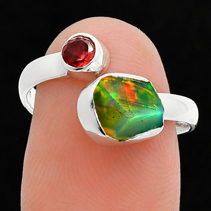 Ethiopian Opal Rough and Garnet Ring size-7 SDR244576 R-1205, 7x8 mm