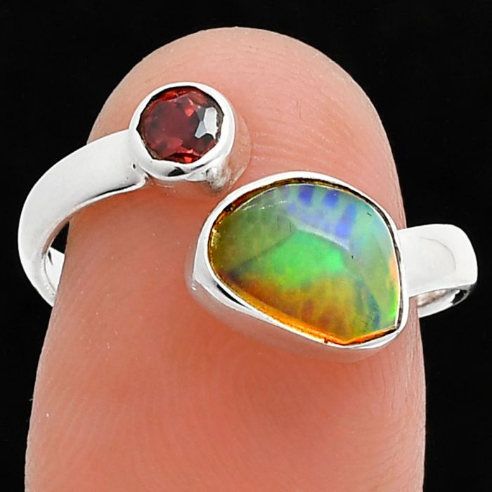 Ethiopian Opal Rough and Garnet Ring size-7.5 SDR244577 R-1205, 7x9 mm