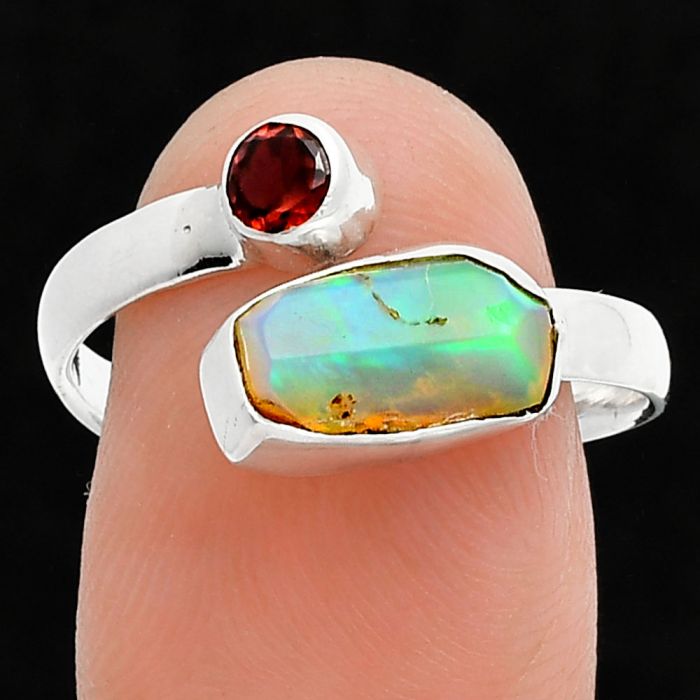 Ethiopian Opal Rough and Garnet Ring size-9 SDR244585 R-1205, 6x12 mm