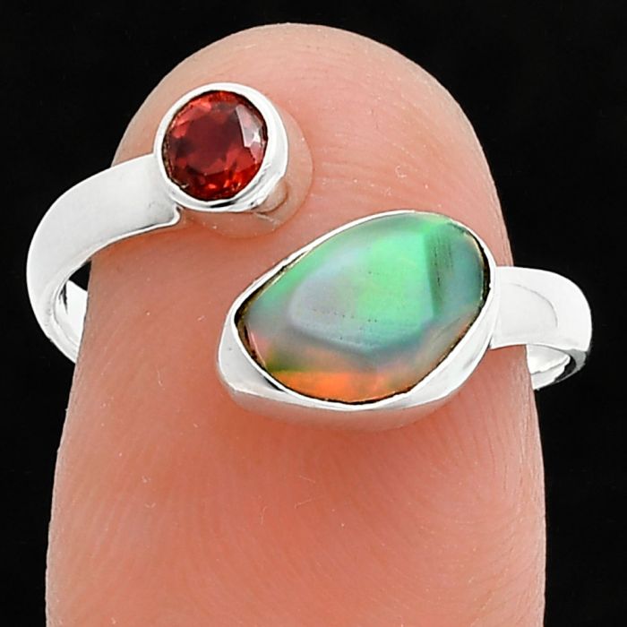 Ethiopian Opal Rough and Garnet Ring size-7.5 SDR244586 R-1205, 6x9 mm