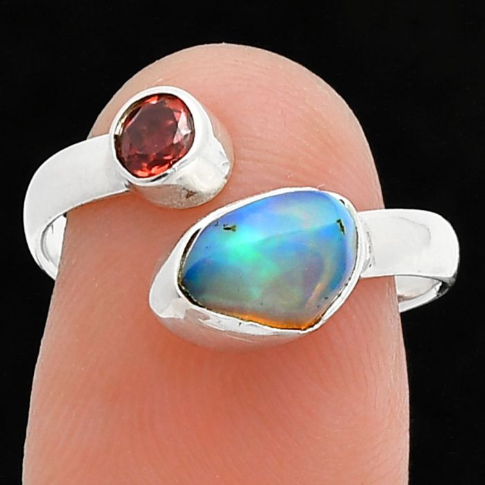 Ethiopian Opal Rough and Garnet Ring size-7.5 SDR244587 R-1205, 6x9 mm