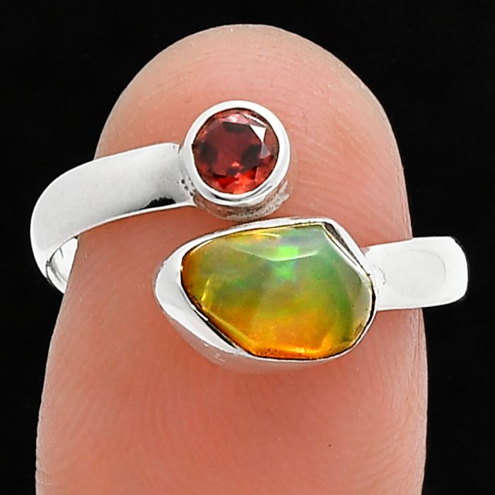 Ethiopian Opal Rough and Garnet Ring size-7.5 SDR244589 R-1205, 6x8 mm