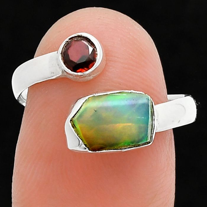 Ethiopian Opal Rough and Garnet Ring size-7 SDR244591 R-1205, 6x9 mm