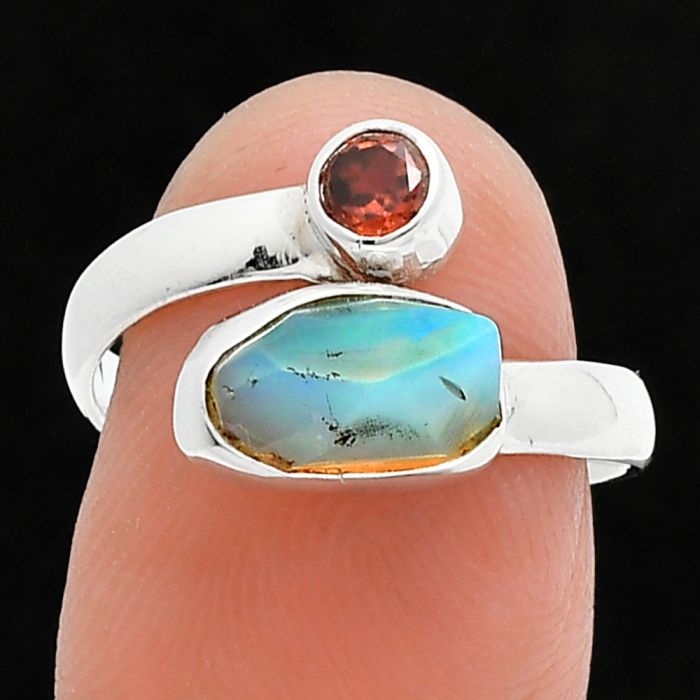 Ethiopian Opal Rough and Garnet Ring size-7 SDR244595 R-1205, 5x10 mm