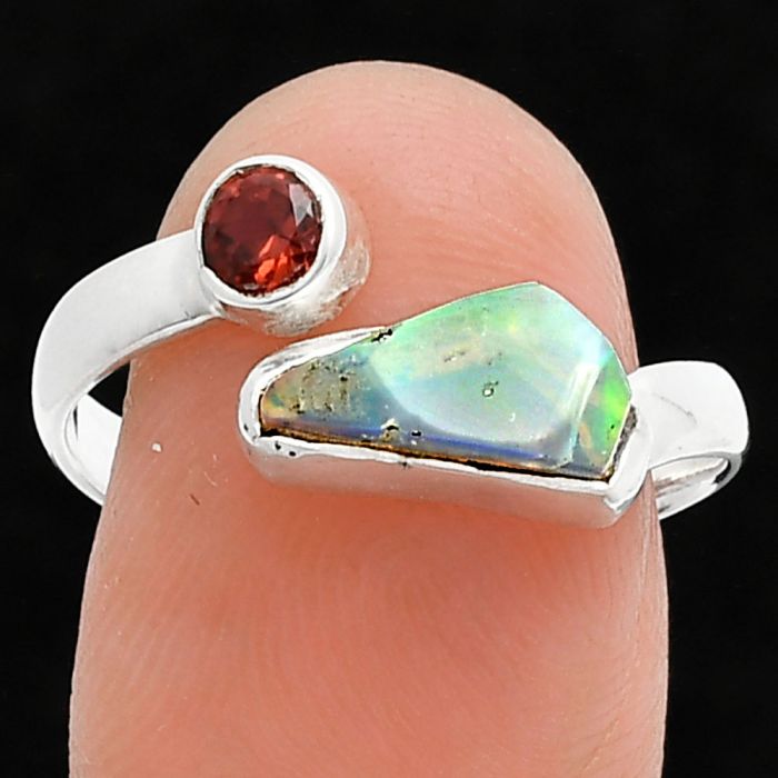 Ethiopian Opal Rough and Garnet Ring size-8.5 SDR244598 R-1205, 5x11 mm