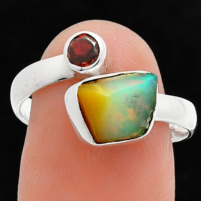 Ethiopian Opal Rough and Garnet Ring size-8.5 SDR244599 R-1205, 7x9 mm