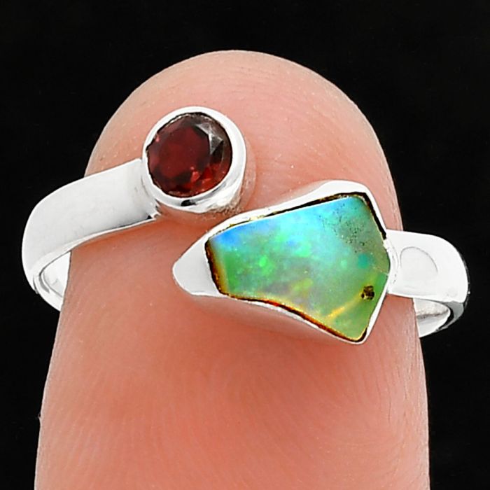 Ethiopian Opal Rough and Garnet Ring size-7.5 SDR244602 R-1205, 6x8 mm