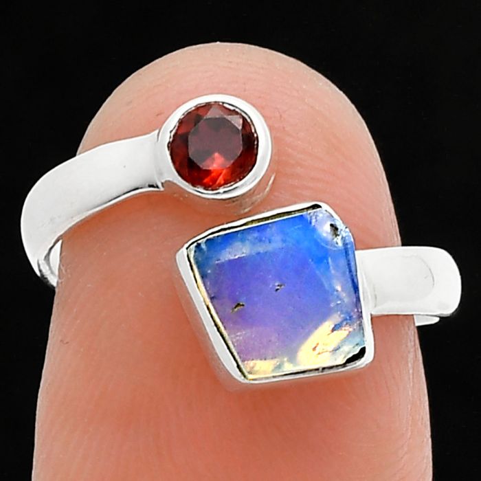 Ethiopian Opal Rough and Garnet Ring size-6 SDR244608 R-1205, 7x7 mm