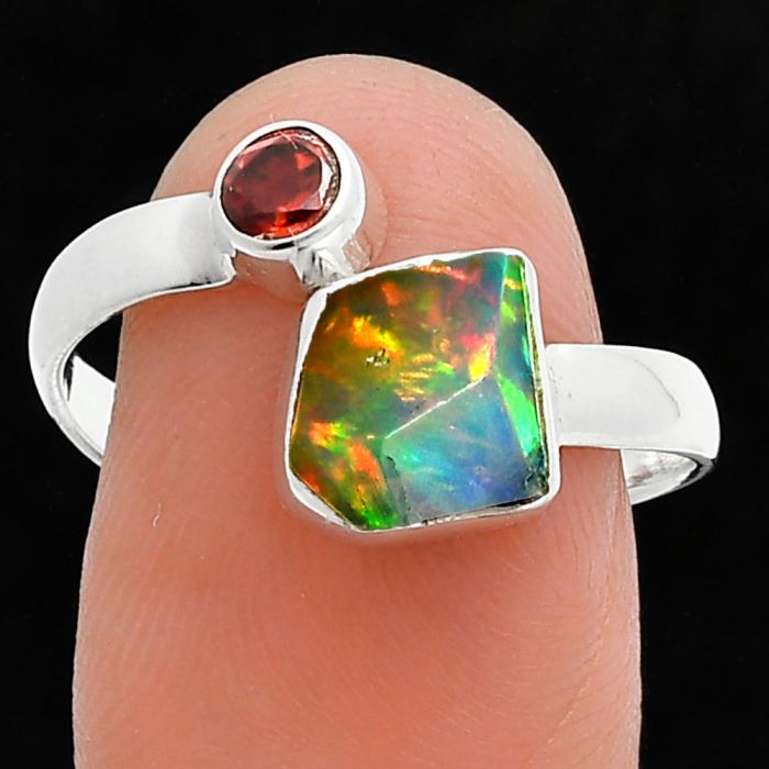 Ethiopian Opal Rough and Garnet Ring size-8.5 SDR244609 R-1205, 8x8 mm