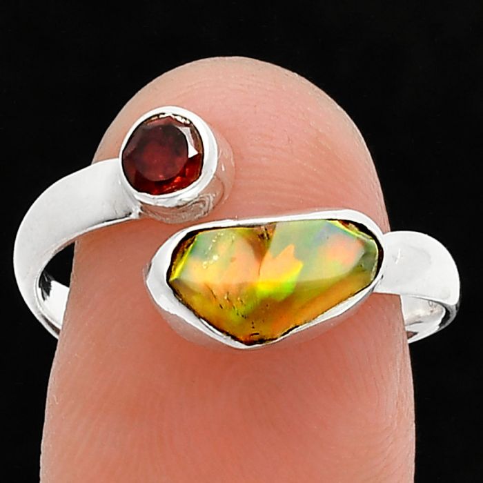 Ethiopian Opal Rough and Garnet Ring size-8.5 SDR244610 R-1205, 5x10 mm