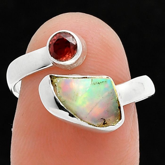 Ethiopian Opal Rough and Garnet Ring size-7.5 SDR244613 R-1205, 7x11 mm