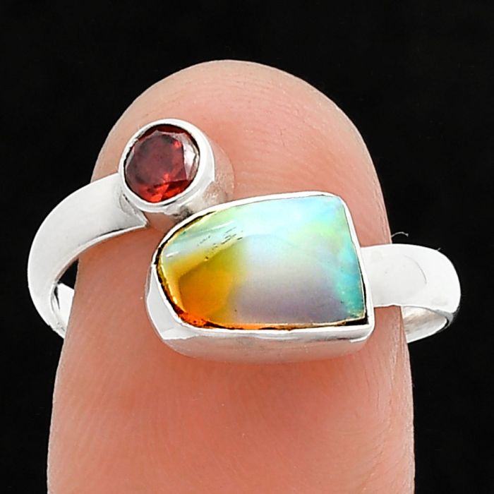 Ethiopian Opal Rough and Garnet Ring size-8 SDR244615 R-1205, 7x9 mm