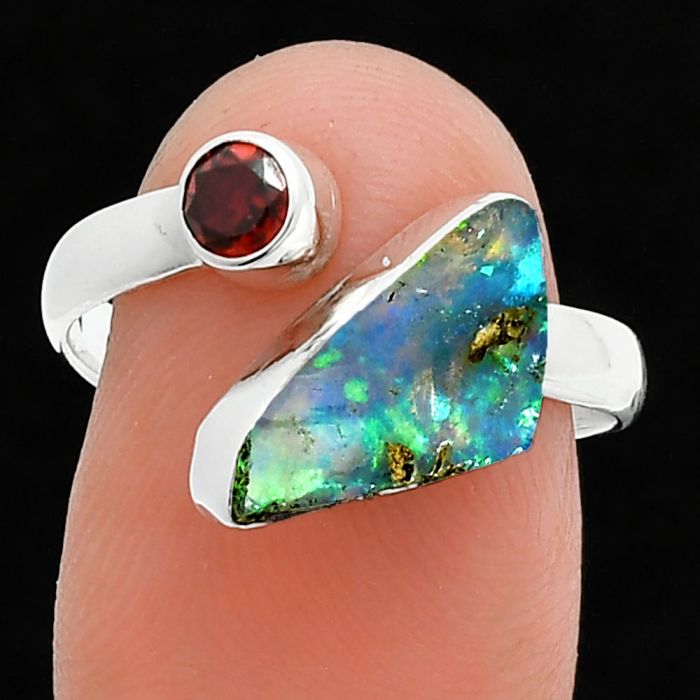 Ethiopian Opal Rough and Garnet Ring size-8 SDR244619 R-1205, 7x14 mm