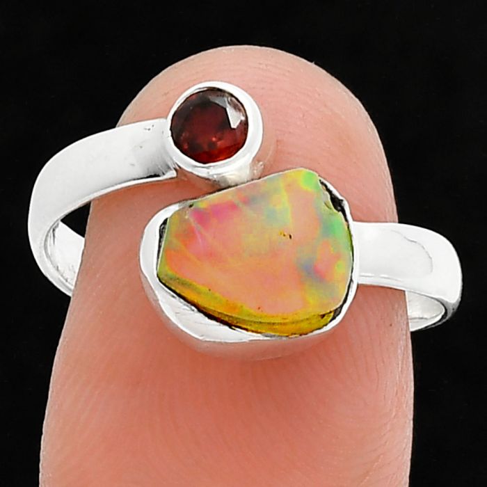 Ethiopian Opal Rough and Garnet Ring size-8.5 SDR244622 R-1205, 7x9 mm