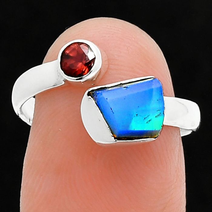 Ethiopian Opal Rough and Garnet Ring size-7.5 SDR244625 R-1205, 6x7 mm