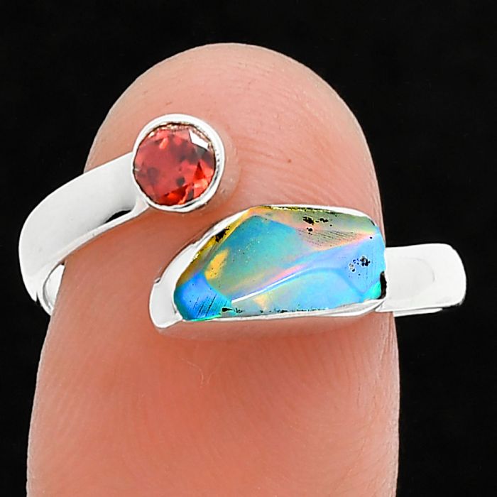 Ethiopian Opal Rough and Garnet Ring size-8.5 SDR244626 R-1205, 5x10 mm