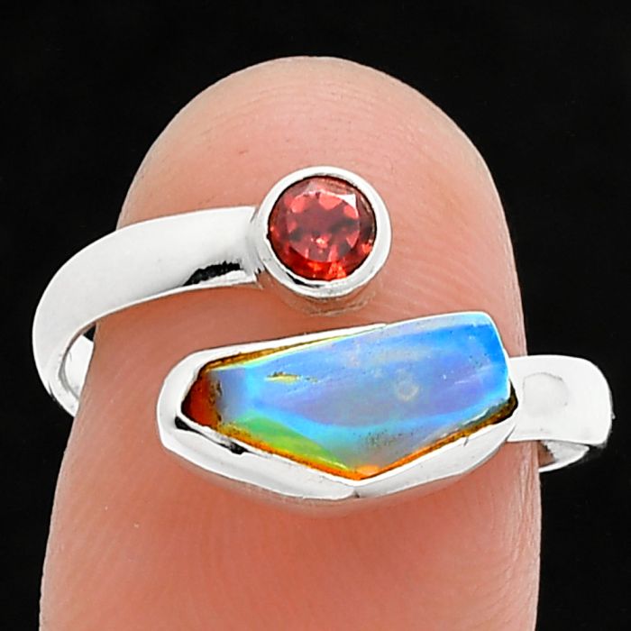 Ethiopian Opal Rough and Garnet Ring size-8 SDR244634 R-1205, 5x10 mm