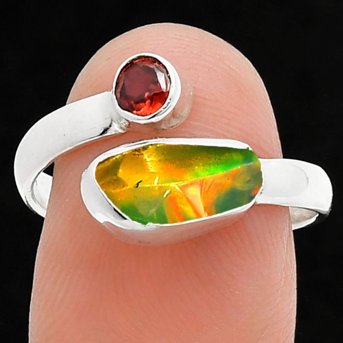 Ethiopian Opal Rough and Garnet Ring size-9 SDR244636 R-1205, 5x11 mm