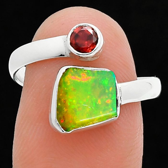 Ethiopian Opal Rough and Garnet Ring size-8.5 SDR244638 R-1205, 8x8 mm