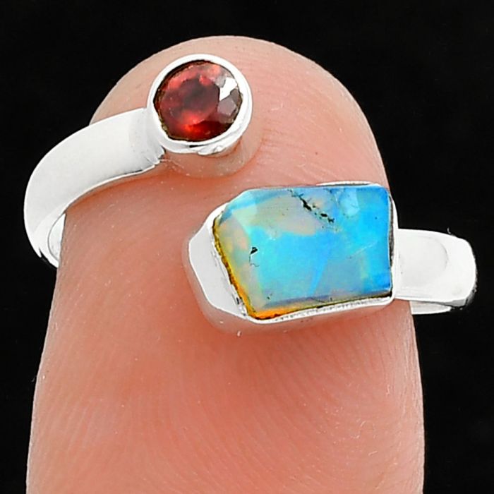 Ethiopian Opal Rough and Garnet Ring size-7.5 SDR244639 R-1205, 6x8 mm