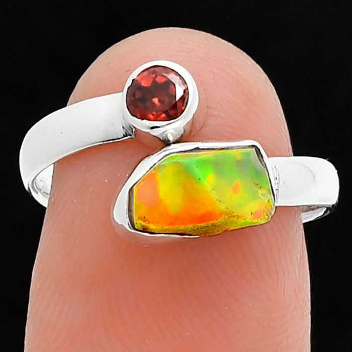 Ethiopian Opal Rough and Garnet Ring size-7 SDR244640 R-1205, 5x9 mm