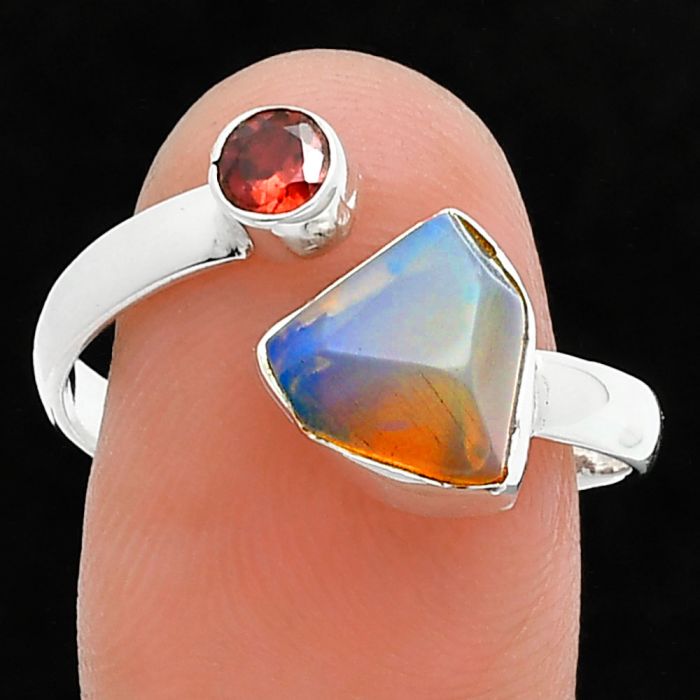 Ethiopian Opal Rough and Garnet Ring size-10 SDR244641 R-1205, 9x9 mm