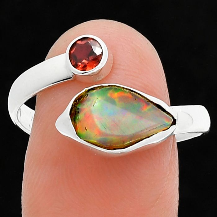 Ethiopian Opal Rough and Garnet Ring size-10 SDR244642 R-1205, 7x12 mm