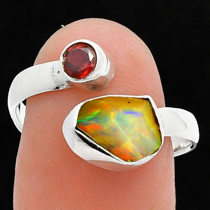 Ethiopian Opal Rough and Garnet Ring size-8.5 SDR244644 R-1205, 7x9 mm