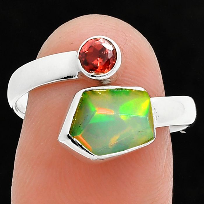 Ethiopian Opal Rough and Garnet Ring size-8.5 SDR244645 R-1205, 7x9 mm