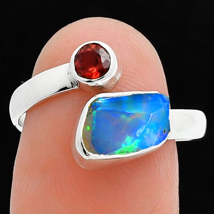 Ethiopian Opal Rough and Garnet Ring size-8 SDR244646 R-1205, 7x10 mm