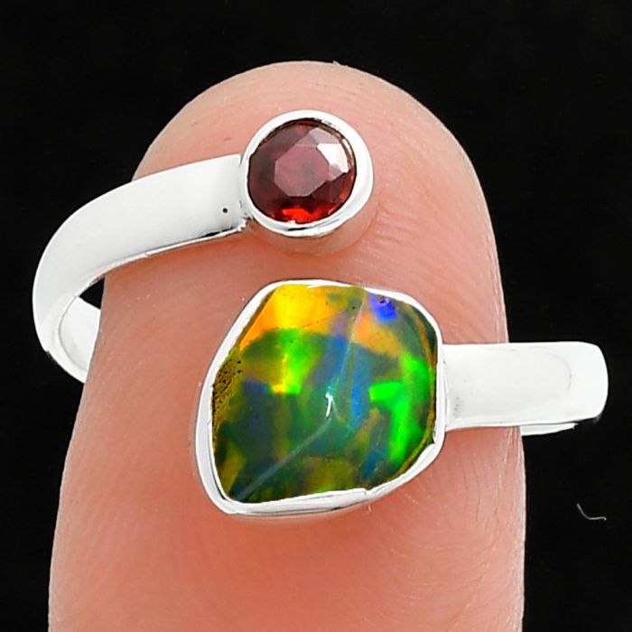 Ethiopian Opal Rough and Garnet Ring size-9 SDR244647 R-1205, 8x10 mm