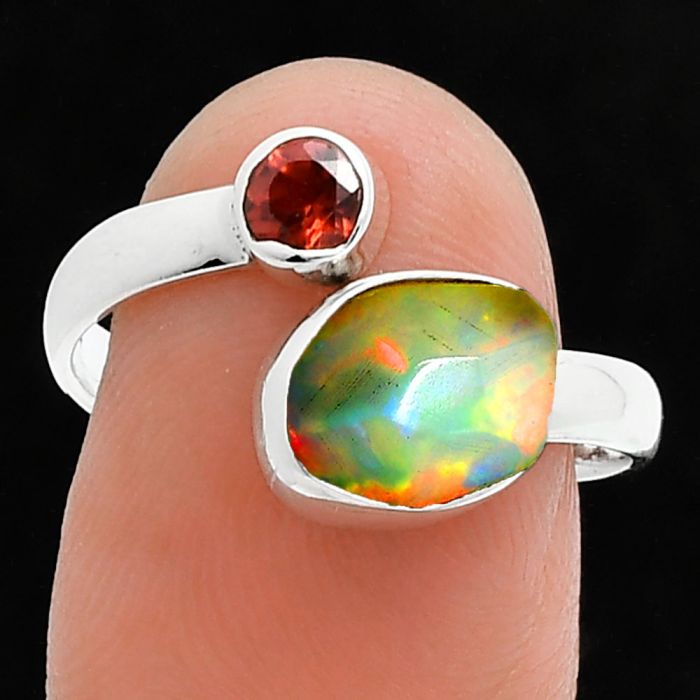 Ethiopian Opal Rough and Garnet Ring size-8.5 SDR244648 R-1205, 7x9 mm