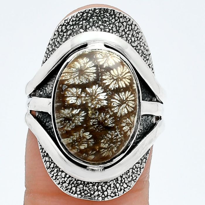 Flower Fossil Coral Ring size-8 SDR244660 R-1402, 11x15 mm