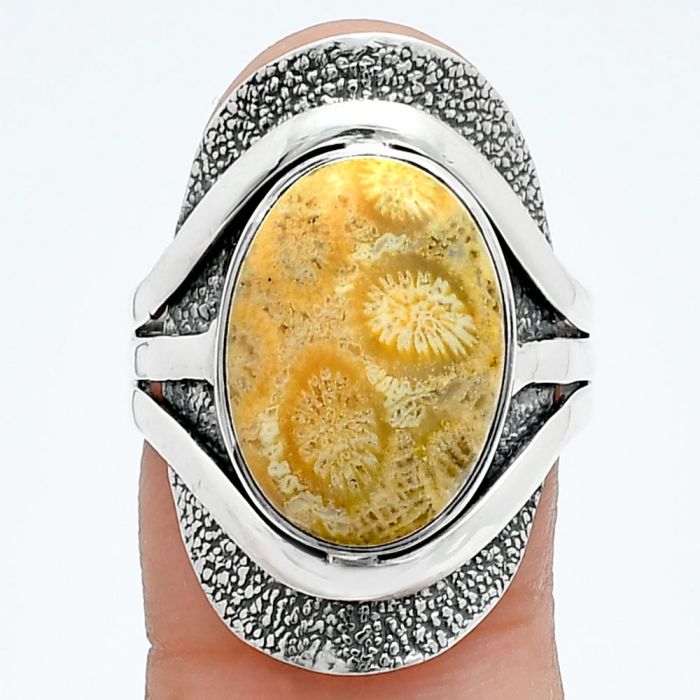 Flower Fossil Coral Ring size-8 SDR244719 R-1402, 11x16 mm