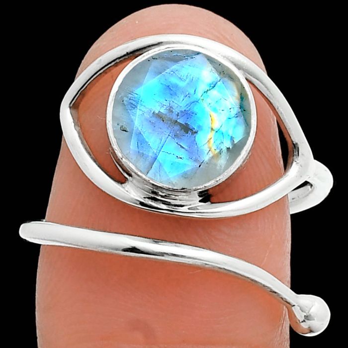 Adjustable Eye - Faceted Rainbow Moonstone Ring size-8 SDR244911 R-1254, 8x8 mm