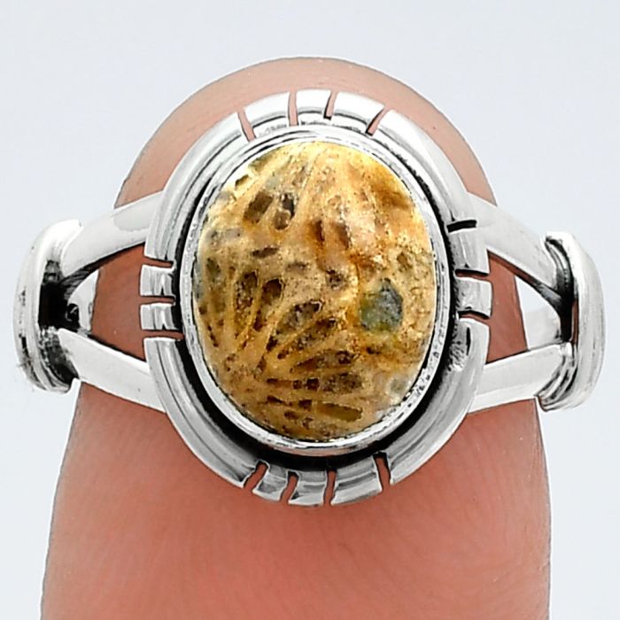 Flower Fossil Coral Ring size-7 SDR244922 R-1533, 8x10 mm