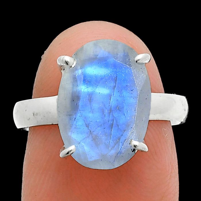 Faceted Rainbow Moonstone Ring size-7 SDR244990 R-1019, 10x14 mm