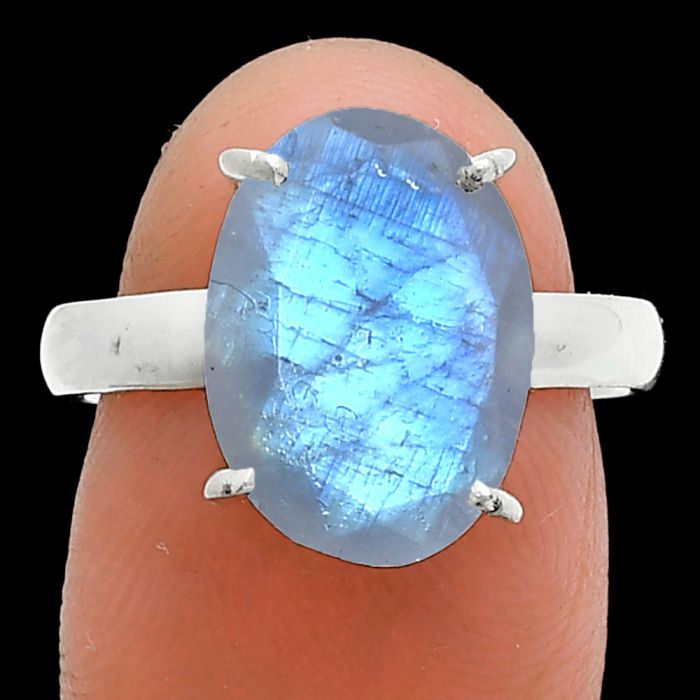 Faceted Rainbow Moonstone Ring size-8 SDR244994 R-1019, 10x14 mm