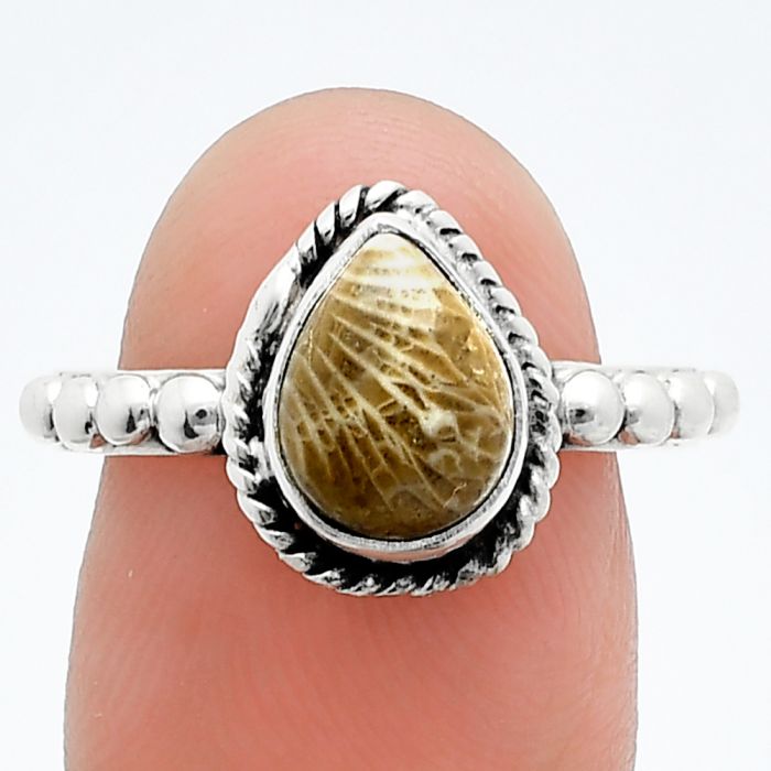 Flower Fossil Coral Ring size-8 SDR245161 R-1252, 7x10 mm