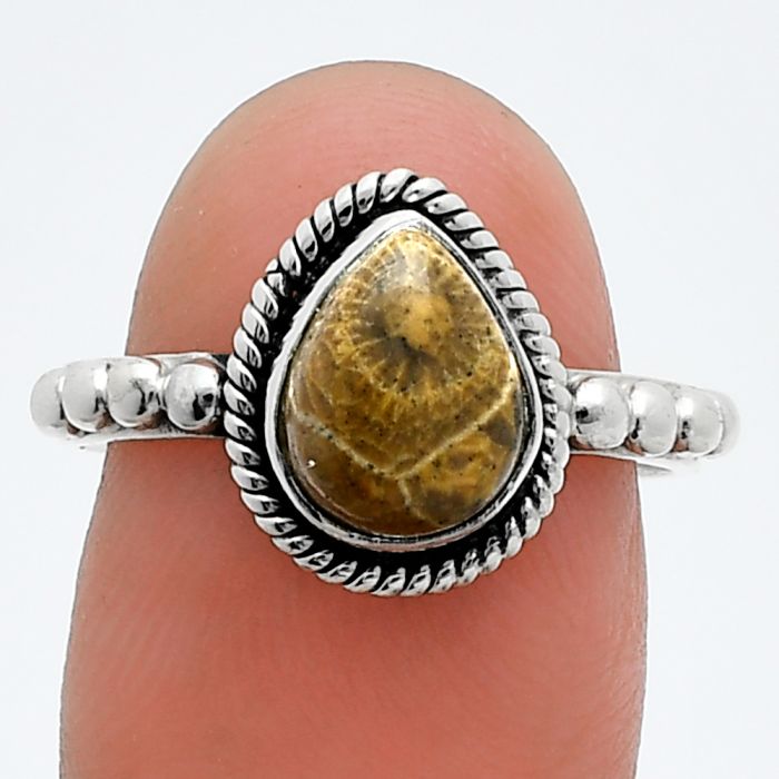 Flower Fossil Coral Ring size-7.5 SDR245175 R-1252, 7x9 mm