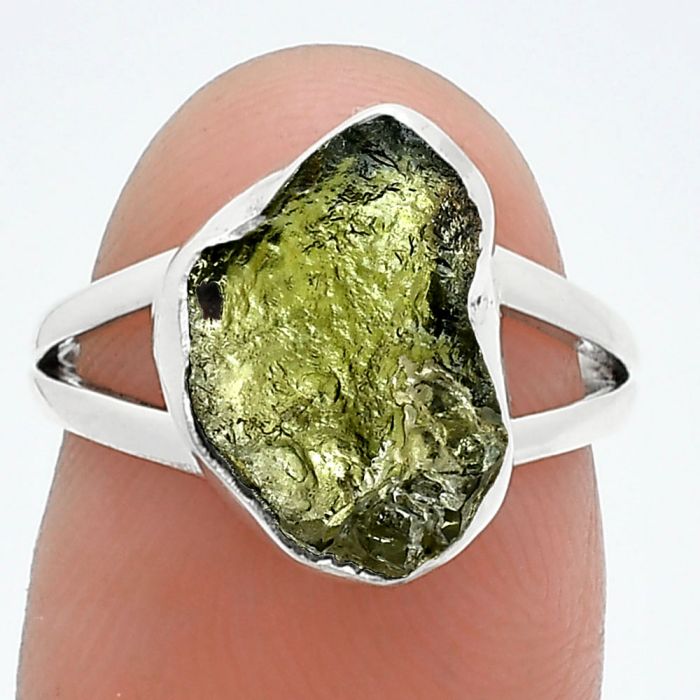 Genuine Czech Moldavite Rough Ring size-6 SDR245196 R-1002, 9x13 mm