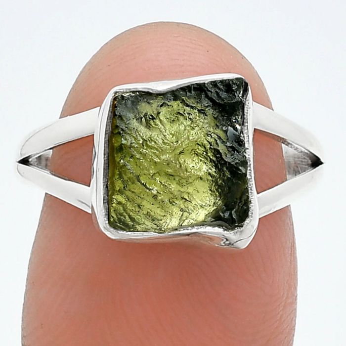 Genuine Czech Moldavite Rough Ring size-7.5 SDR245197 R-1002, 9x10 mm