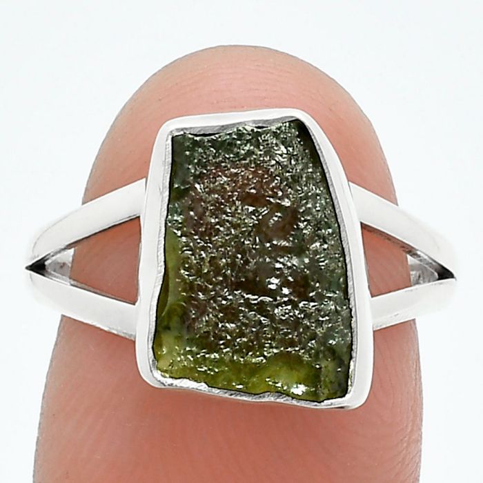 Genuine Czech Moldavite Rough Ring size-7.5 SDR245200 R-1002, 9x13 mm