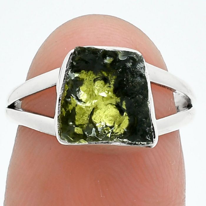 Genuine Czech Moldavite Rough Ring size-6 SDR245202 R-1002, 8x9 mm