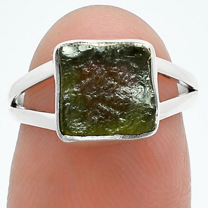 Genuine Czech Moldavite Rough Ring size-6 SDR245204 R-1002, 9x9 mm