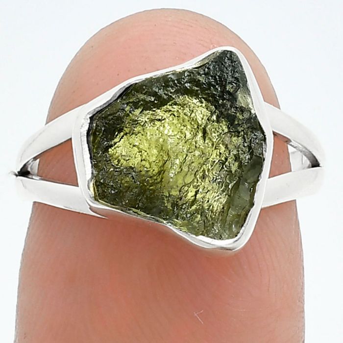 Genuine Czech Moldavite Rough Ring size-6 SDR245205 R-1002, 10x11 mm