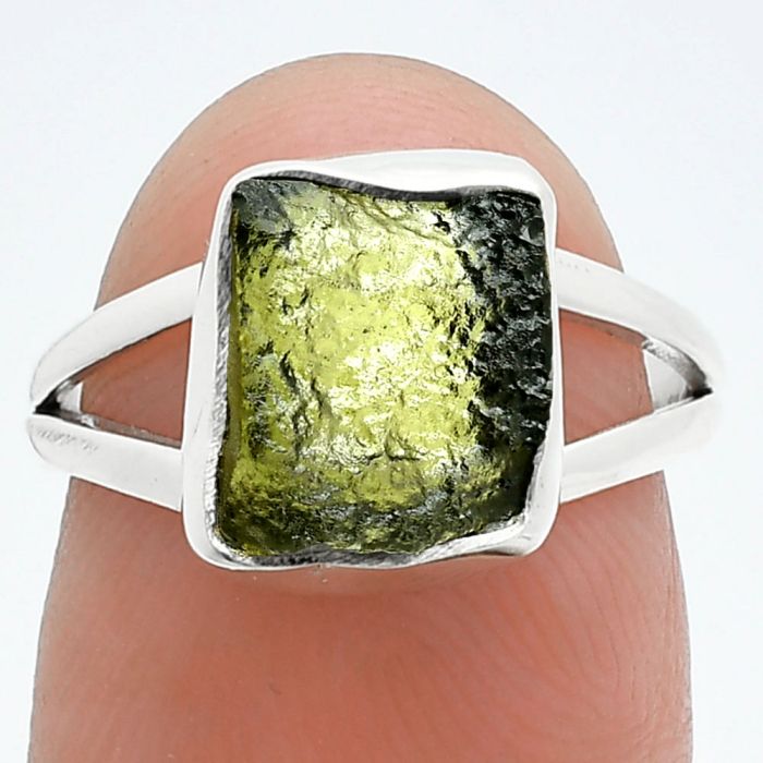 Genuine Czech Moldavite Rough Ring size-6 SDR245206 R-1002, 8x10 mm