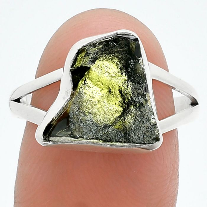 Genuine Czech Moldavite Rough Ring size-8.5 SDR245208 R-1002, 12x12 mm